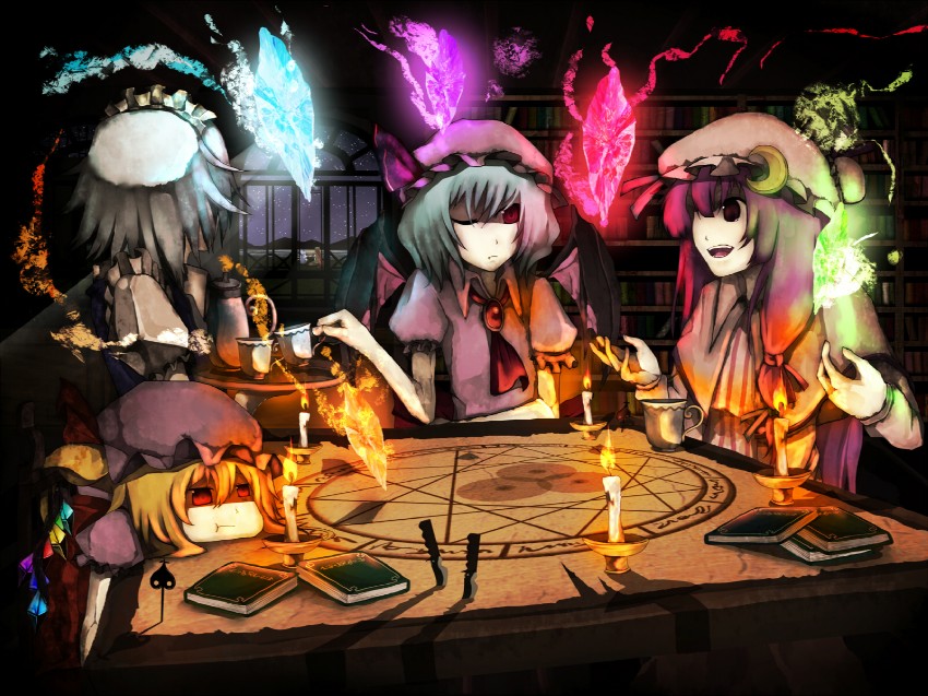 remilia scarlet, flandre scarlet, izayoi sakuya, cirno, patchouli knowledge, and 1 more (touhou) drawn by tokoroten_(hmmuk)