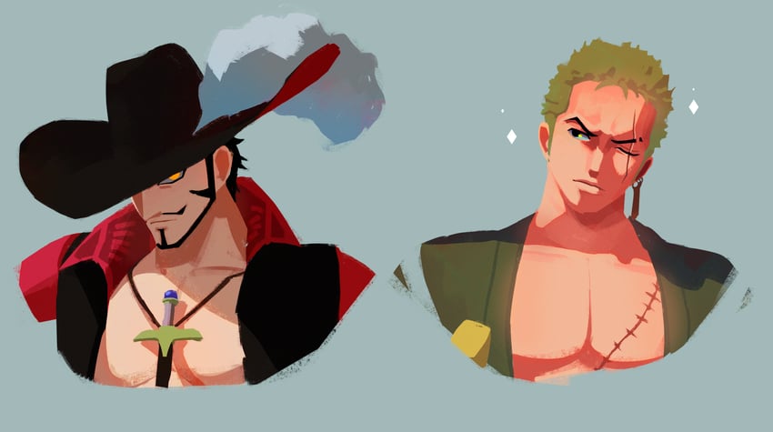 roronoa zoro and dracule mihawk (one piece) drawn by mawiliita