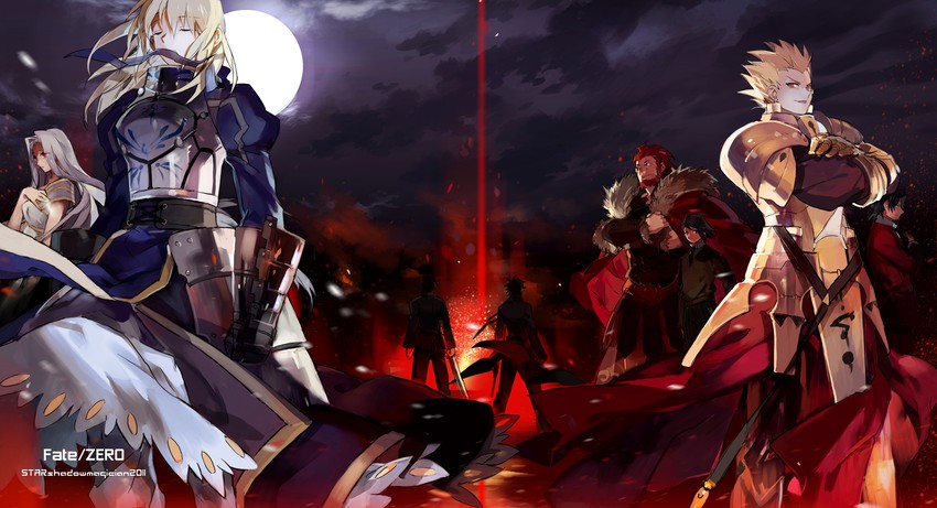 artoria pendragon, saber, gilgamesh, kotomine kirei, iskandar, and 4 more (fate and 1 more) drawn by starshadowmagician