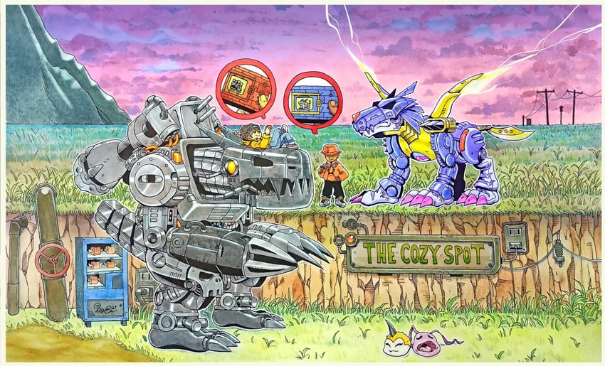 koromon, metalgarurumon, mugendramon, tunomon, and protagonist (digimon and 1 more) drawn by taragraphika