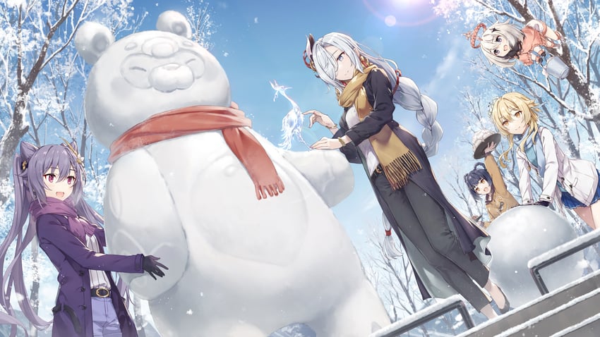 lumine, keqing, paimon, shenhe, xiangling, and 1 more (genshin impact) drawn by gabiran
