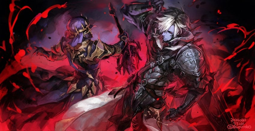 warrior of light, dark knight, and fray myste (final fantasy and 1 more) drawn by uroko_(mnr)