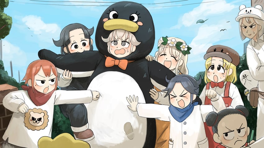 penguin keeper, polar bear keeper, survey girl, penguin fan, lion shirt boy, and 3 more (zookeepers) drawn by diva_(hyxpk)