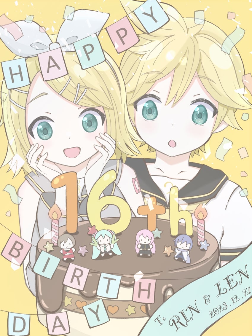 hatsune miku, kagamine rin, kagamine len, megurine luka, kaito, and 1 more (vocaloid) drawn by moegi_(user_101526461)