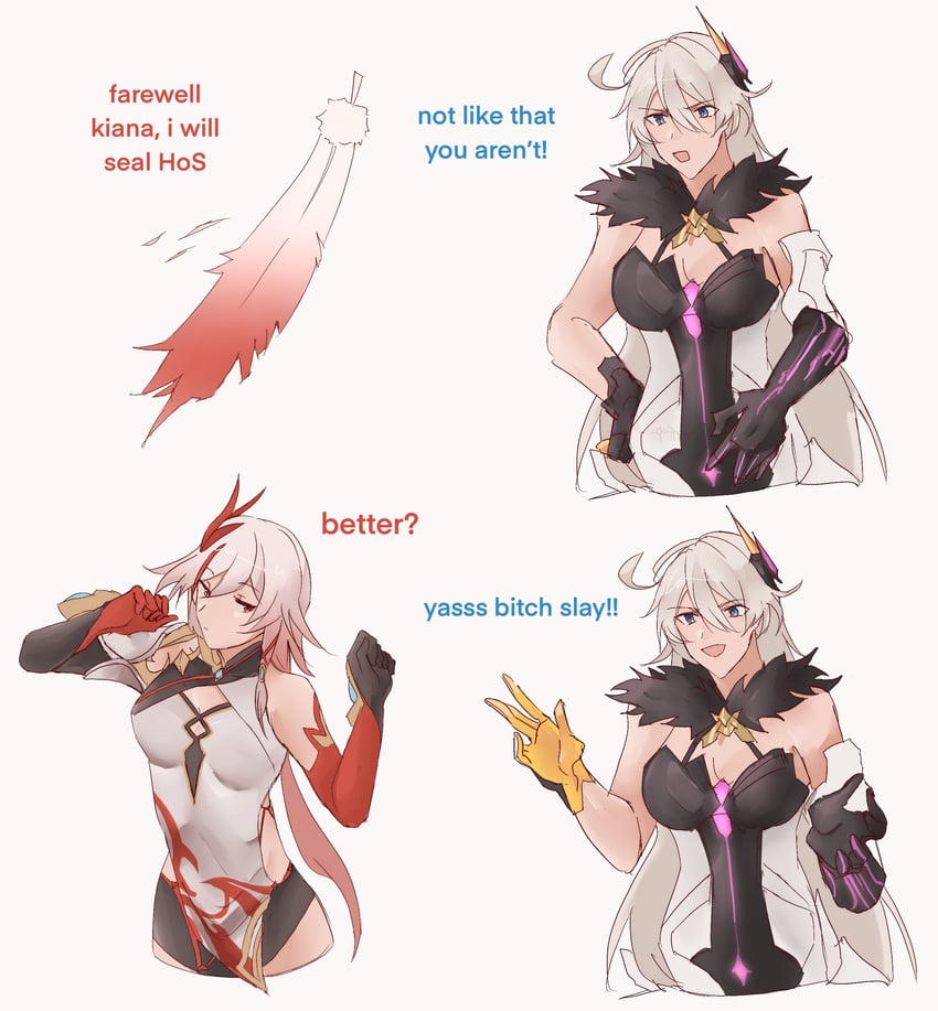 kiana kaslana and fu hua (honkai and 1 more) drawn by the_quipper