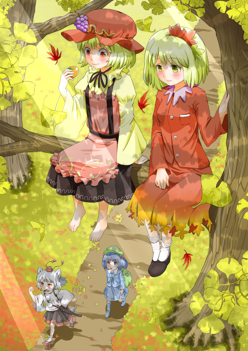 inubashiri momiji, kawashiro nitori, aki minoriko, and aki shizuha (touhou and 1 more) drawn by kazu_(rakugakino-to)