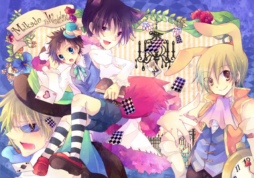 orihara izaya, heiwajima shizuo, ryuugamine mikado, and kida masaomi (alice's adventures in wonderland and 1 more) drawn by kokonoe_miya