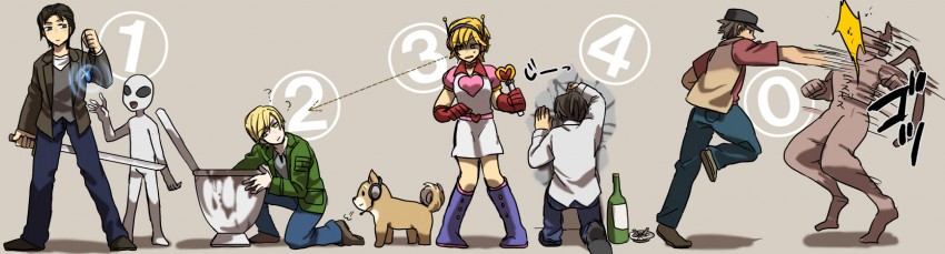 heather mason, james sunderland, henry townshend, harry mason, mira, and 2 more (silent hill and 5 more) drawn by mokusen_(shinkou-houkou)