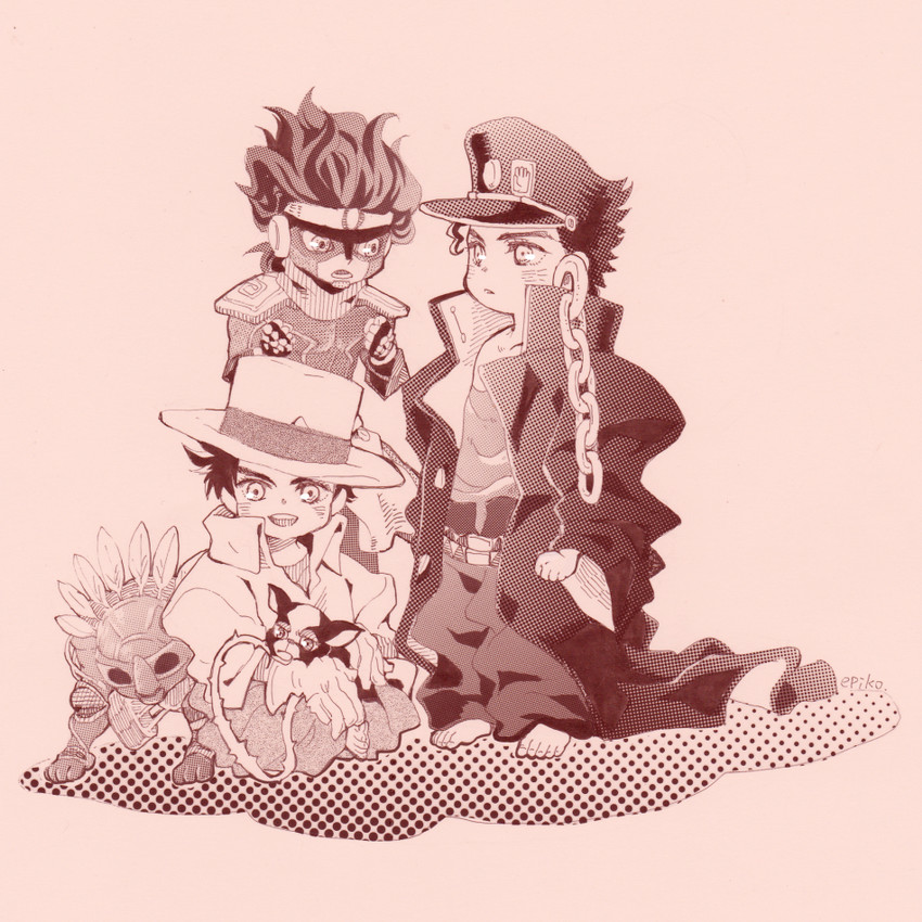 joseph joestar, kujo jotaro, star platinum, iggy, hermit purple, and 1 more (jojo no kimyou na bouken and 1 more) drawn by epiko_(aki)