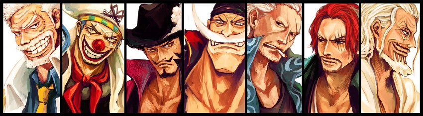 shanks, buggy the clown, dracule mihawk, edward newgate, silvers rayleigh, and 2 more (one piece) drawn by tsuyomaru