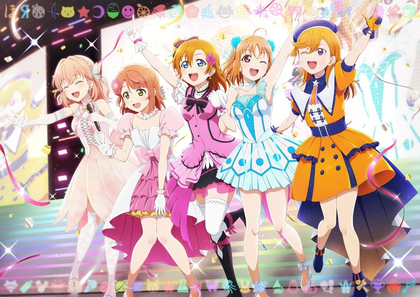 hinoshita kaho, kosaka honoka, takami chika, uehara ayumu, and shibuya kanon (love live! and 5 more) drawn by yumechiku