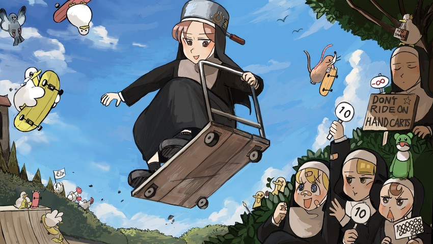 clumsy nun, froggy nun, spicy nun, hungry nun, and star nun (little nuns) drawn by diva_(hyxpk)