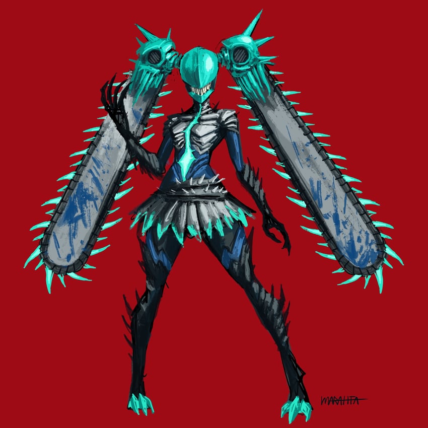 hatsune miku and chainsaw devil (vocaloid and 1 more) drawn by the_marahfa