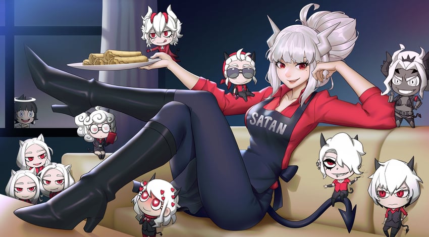 lucifer, modeus, justice, cerberus, judgement, and 5 more (helltaker) drawn by sunkilow