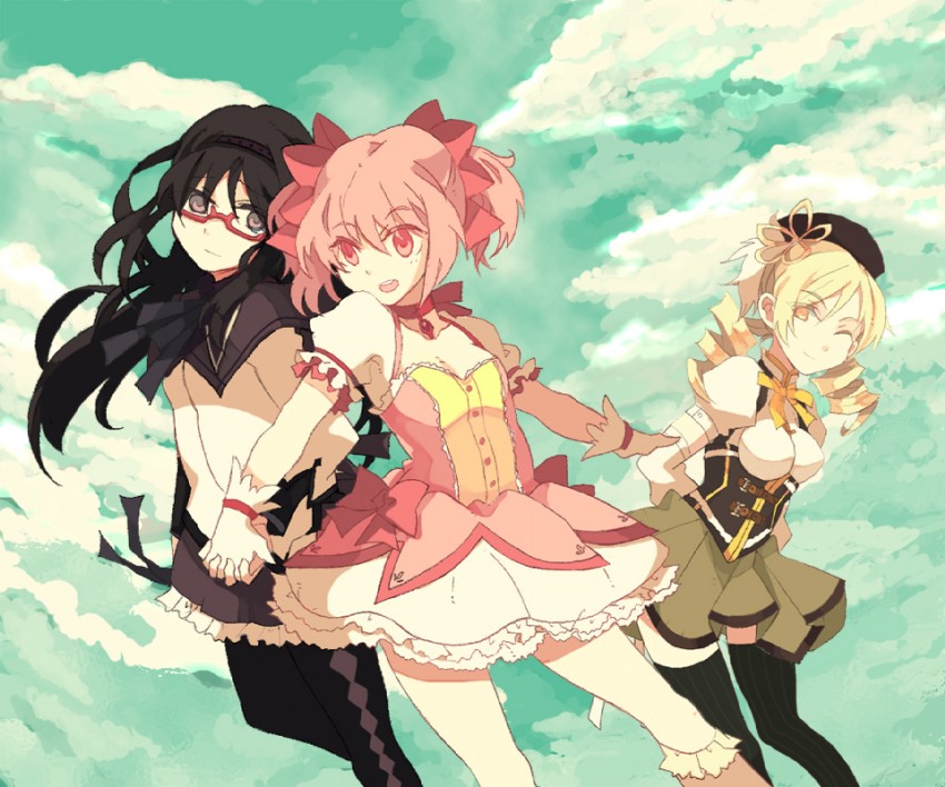 akemi homura, kaname madoka, and tomoe mami (mahou shoujo madoka magica) drawn by toono_(orangee)