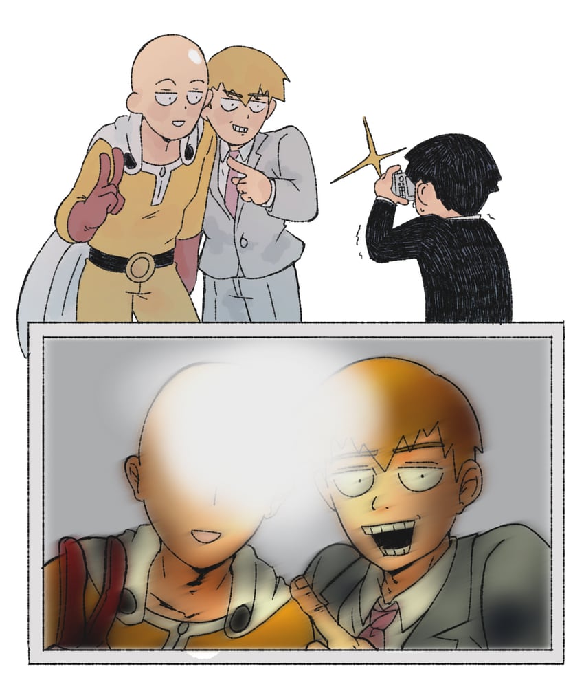 saitama, kageyama shigeo, and reigen arataka (one-punch man and 1 more) drawn by cutystuffy