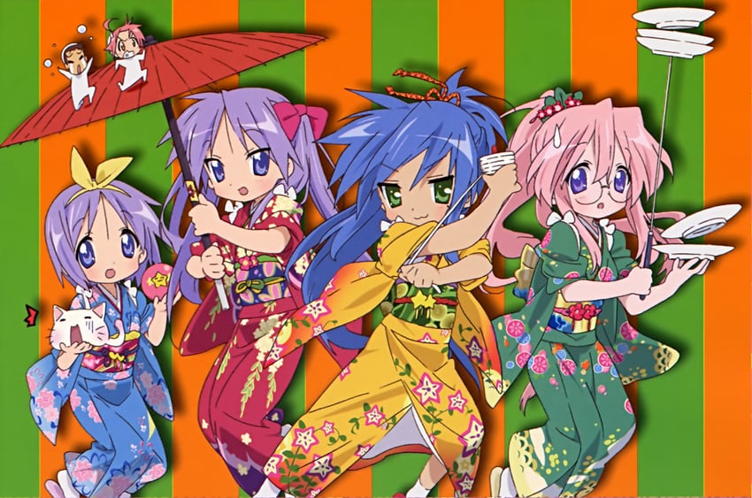 hiiragi kagami, izumi konata, hiiragi tsukasa, takara miyuki, kogami akira, and 1 more (lucky star) drawn by horiguchi_yukiko