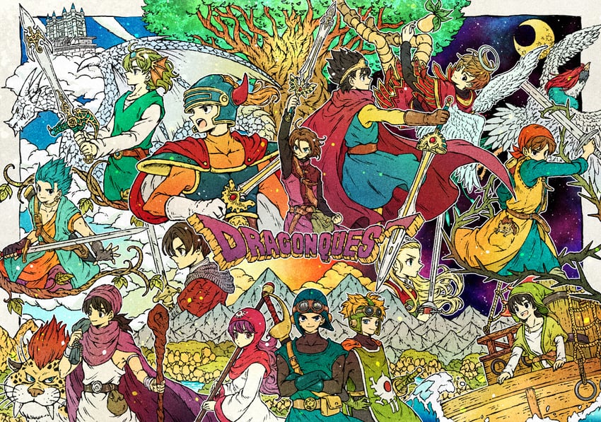 princess of moonbrook, roto, prince of lorasia, prince of samantoria, hero, and 3 more (dragon quest and 11 more) drawn by toriga