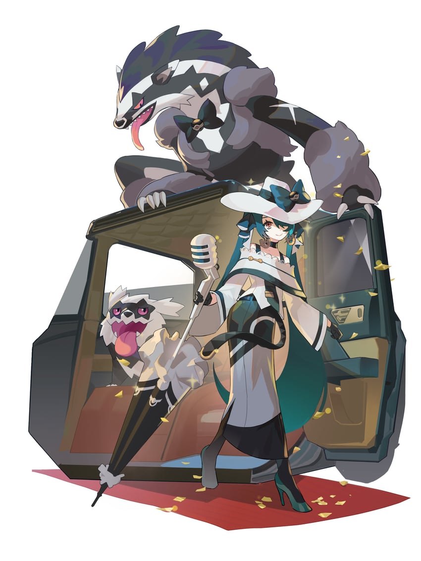 hatsune miku, obstagoon, dark miku, and galarian zigzagoon (pokemon and 2 more) drawn by qingpu_liang