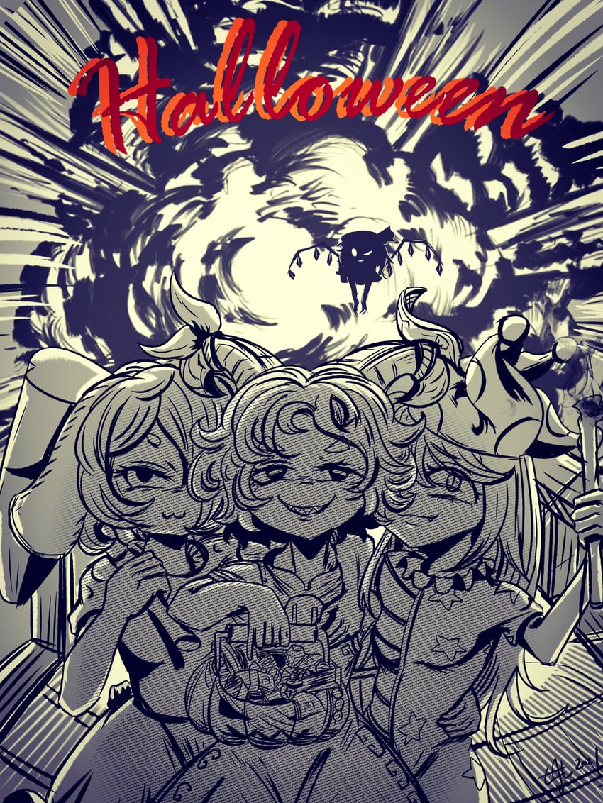 flandre scarlet, inaba tewi, clownpiece, and toutetsu yuuma (touhou) drawn by qiyue_qi
