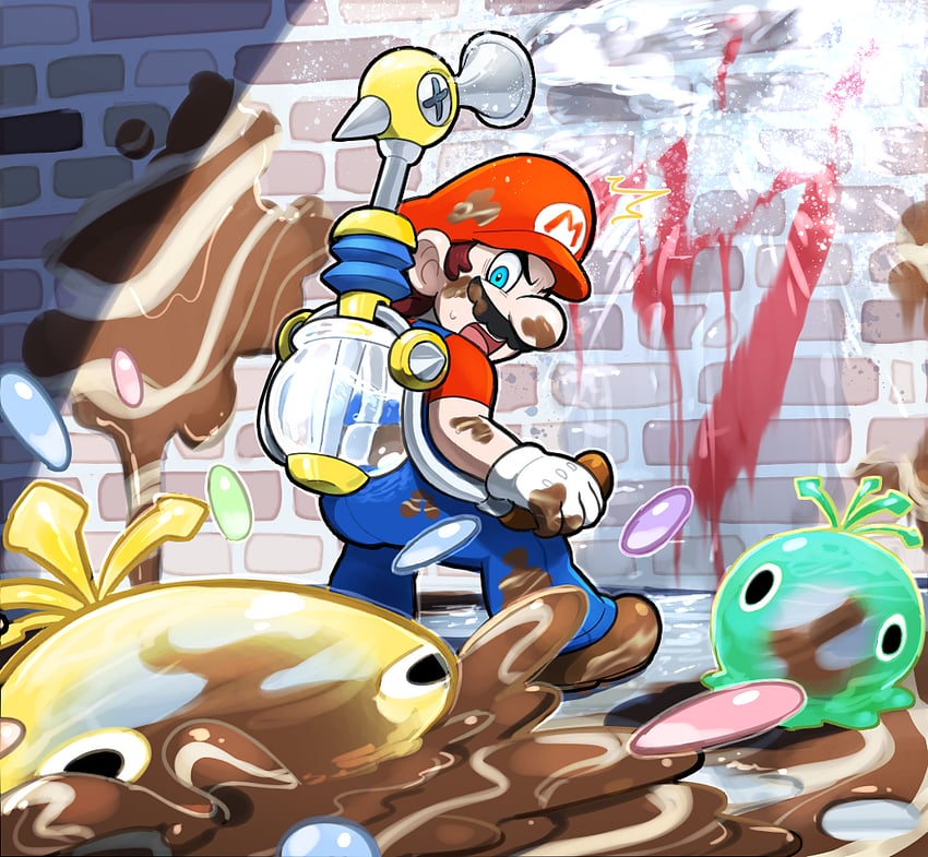 mario, f.l.u.d.d., and gooble (mario and 1 more) drawn by hoshi_(star-name2000)