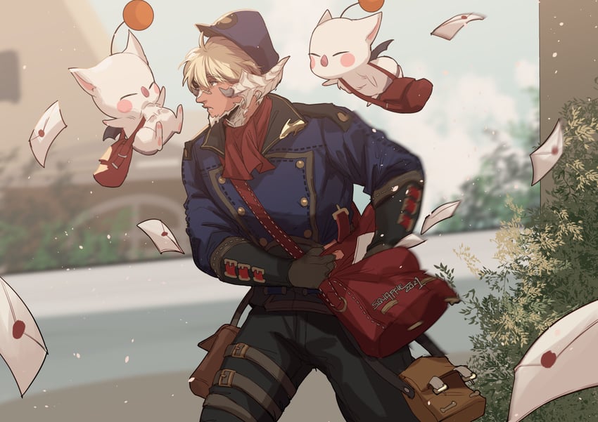 warrior of light and moogle (original and 2 more) drawn by squaffle