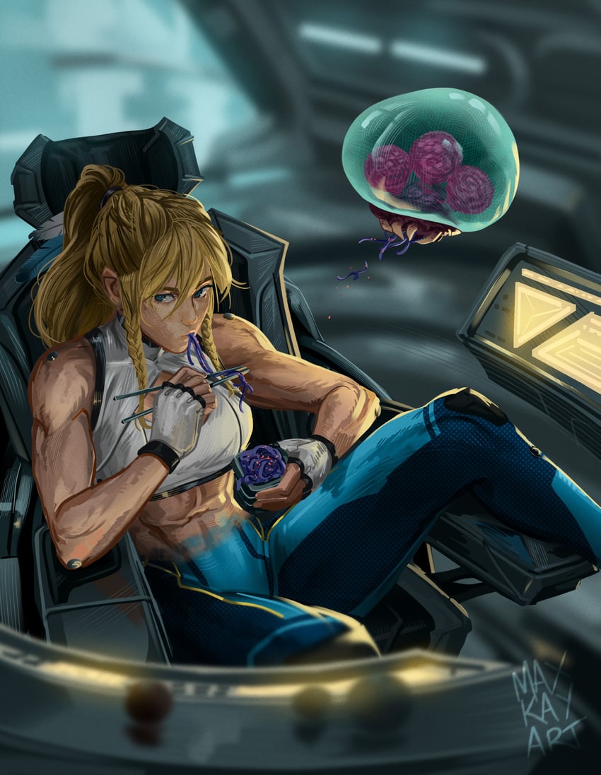 samus aran, metroid, and metroid larva (metroid) drawn by max_kay