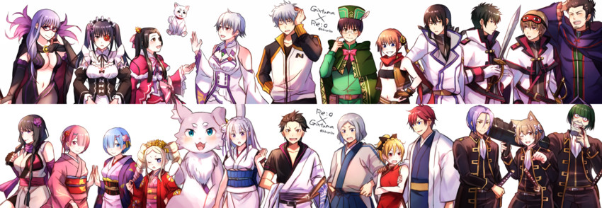 rem, emilia, ram, sakata gintoki, natsuki subaru, and 19 more (re:zero kara hajimeru isekai seikatsu and 1 more) drawn by yokoyama