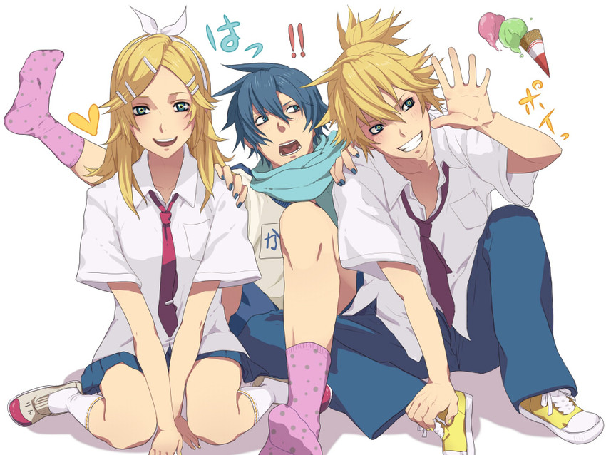 kagamine rin, kagamine len, and kaito (vocaloid) drawn by nayu