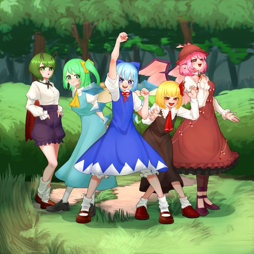 cirno, rumia, mystia lorelei, daiyousei, and wriggle nightbug (touhou) drawn by yokozuna_iwashi