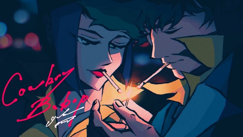 faye valentine and spike spiegel (cowboy bebop) drawn by girigiri_yukka