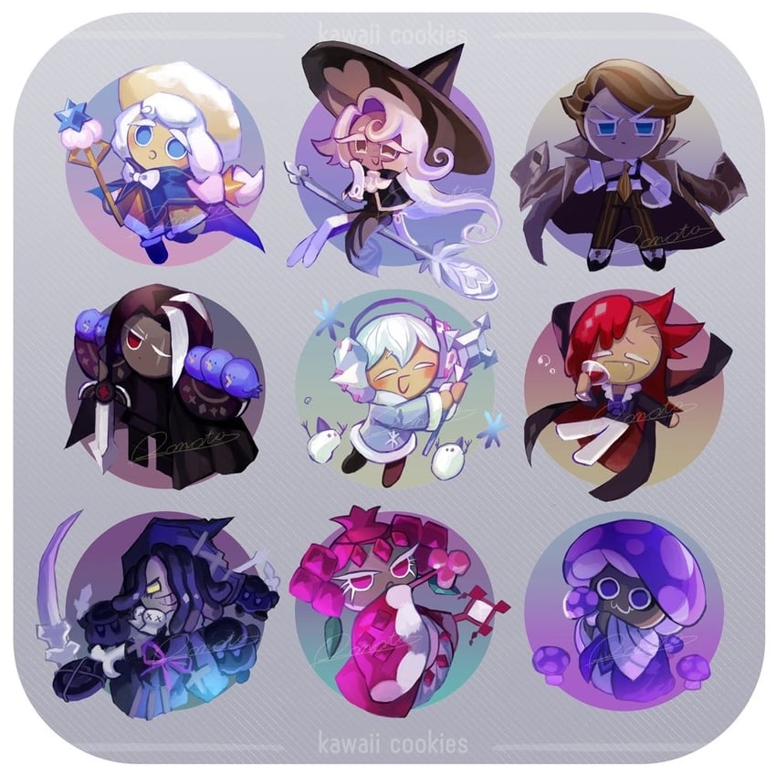 cream puff cookie, latte cookie, vampire cookie, almond cookie, pomegranate cookie, and 6 more (cookie run and 1 more) drawn by rn9j