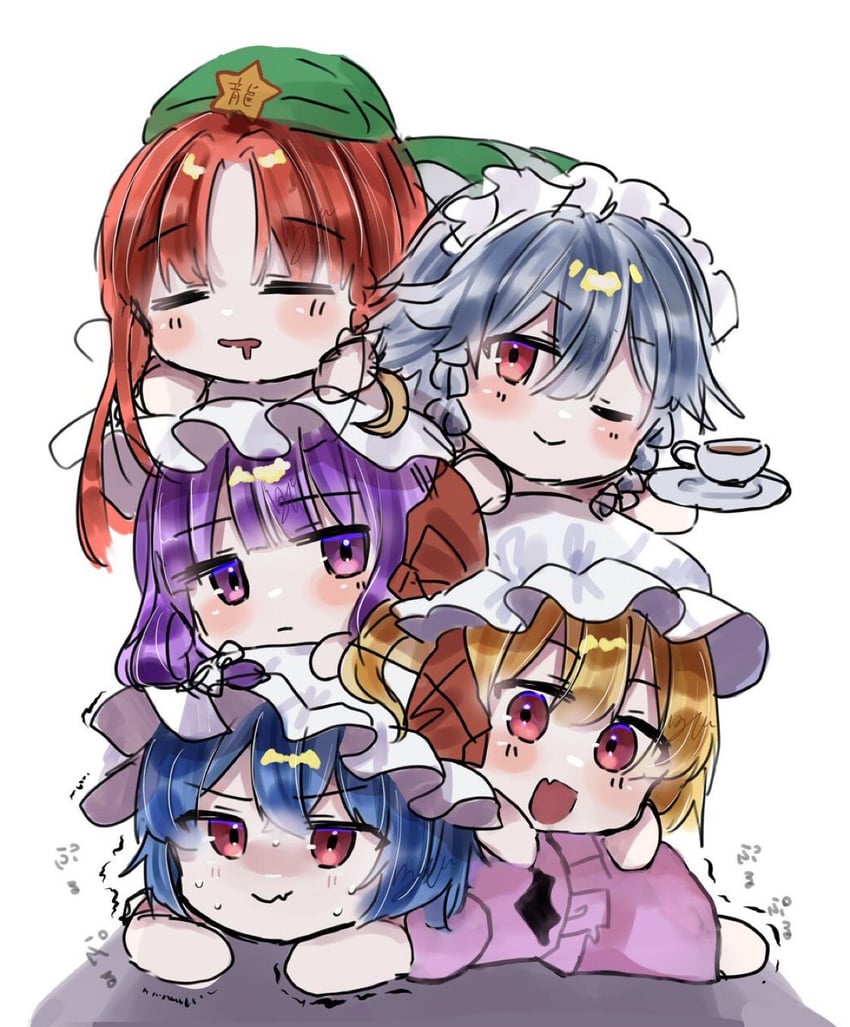 remilia scarlet, flandre scarlet, izayoi sakuya, patchouli knowledge, and hong meiling (touhou) drawn by izumi_no_yasushi_aya