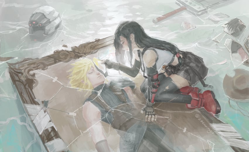 tifa lockhart, cloud strife, and zack fair (final fantasy and 2 more) drawn by zoewingsz