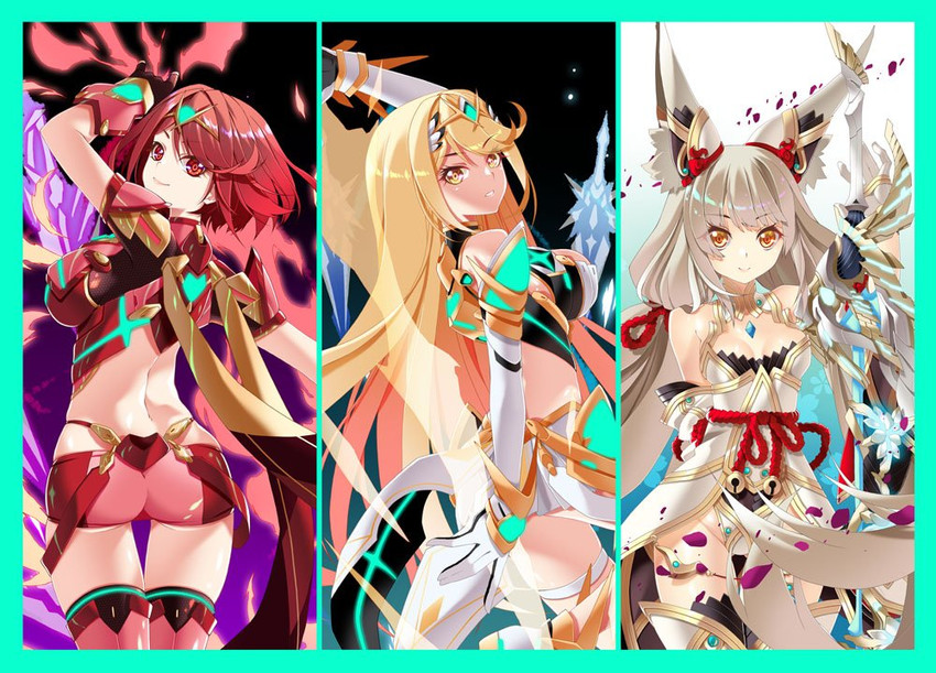 pyra, mythra, and nia (xenoblade chronicles and 1 more) drawn by raynartfr