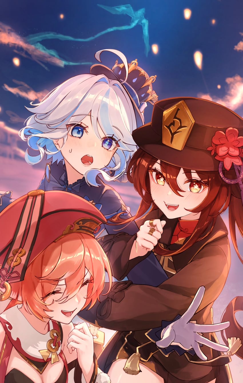 hu tao, furina, and yanfei (genshin impact) drawn by imasaki_kei