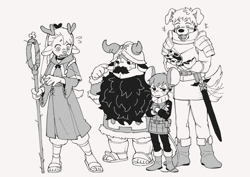 marcille donato, laios touden, senshi, and chilchuck tims (dungeon meshi) drawn by dm_kitsune