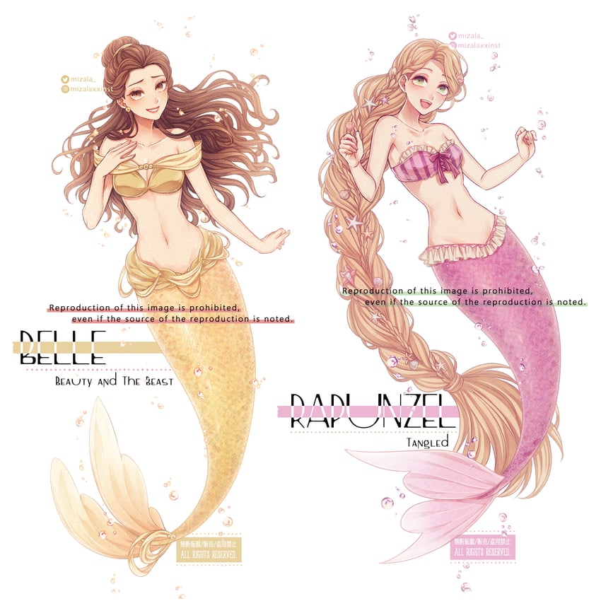rapunzel and belle (tangled and 1 more) drawn by mizala