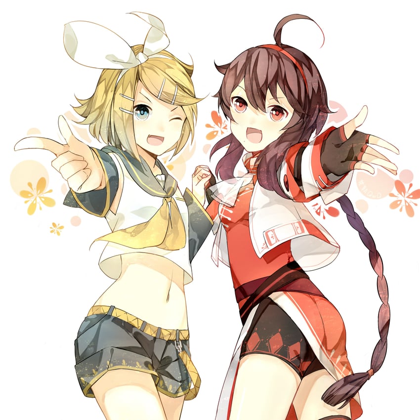 kagamine rin, yuezheng ling, and yuezheng ling v3 (vocaloid and 1 more) drawn by godlailer