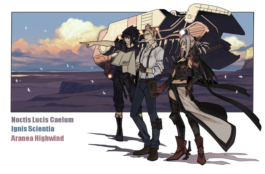 noctis lucis caelum, ignis scientia, and aranea highwind (final fantasy and 1 more) drawn by decoponmagi