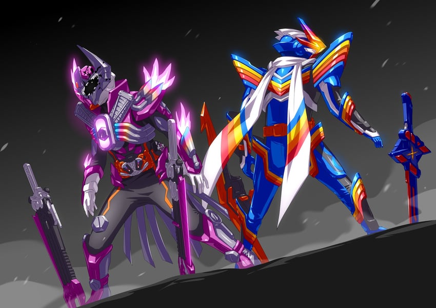 kamen rider gotchard, kamen rider valvarad, and kamen rider rainbow gotchard (kamen rider and 1 more) drawn by otokamu