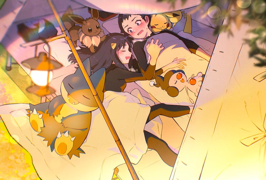 pikachu, eevee, akari, rei, munchlax, and 1 more (pokemon and 1 more) drawn by nai_gai_hongcha