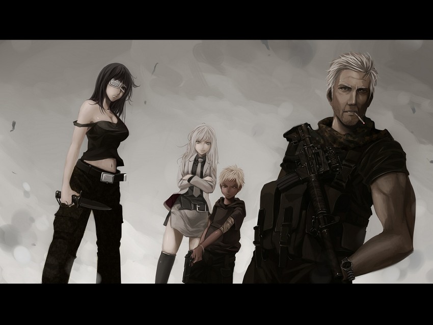 koko hekmatyar, sofia valmer, johnathan mar, and lehm brick (jormungand) drawn by koh_(minagi_kou)