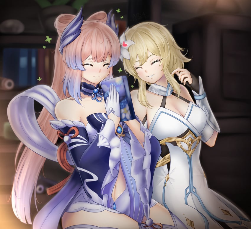 lumine and sangonomiya kokomi (genshin impact) drawn by mea_(manami030)
