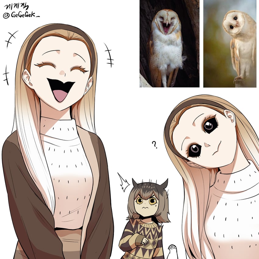 eagle-owl and barn owl (original) drawn by gegegekman
