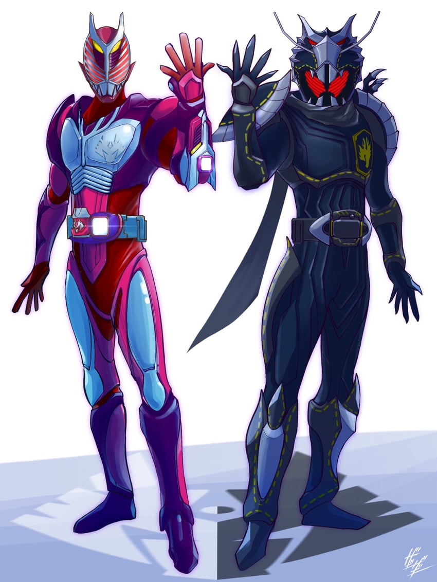 kamen rider revi, kamen rider ryuki, kamen rider vice, and kamen rider ryuga (kamen rider and 2 more) drawn by zagizagi