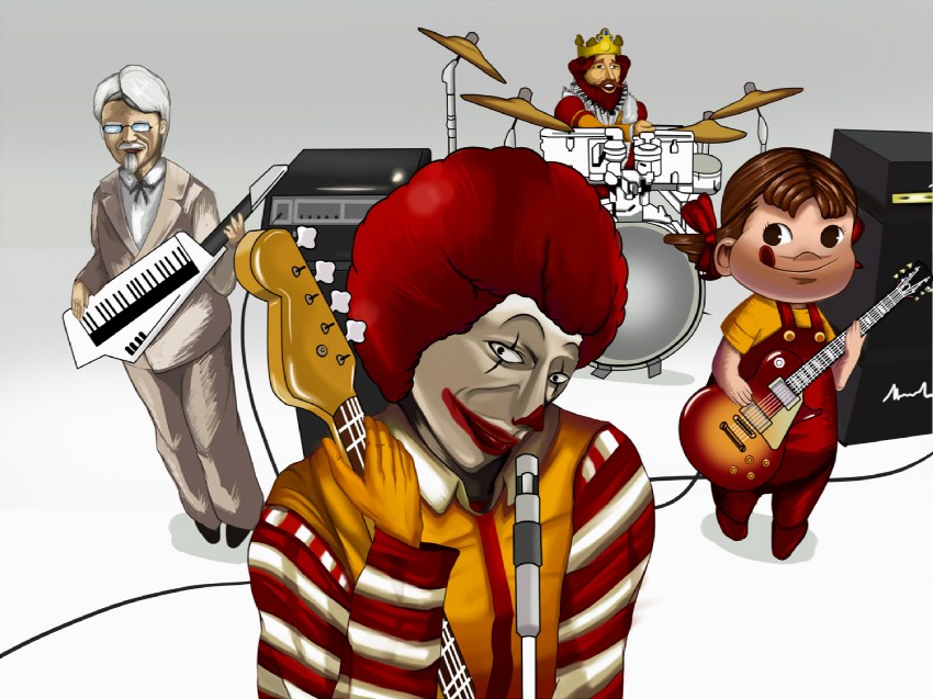 ronald mcdonald, colonel sanders, peko-chan, and the king (k-on! and 3 more) drawn by eroke