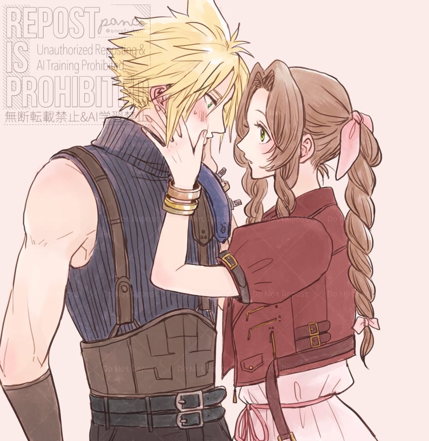 cloud strife and aerith gainsborough (final fantasy and 2 more) drawn by ancotsubu