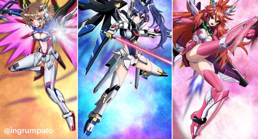 kazanari tsubasa, amou kanade, destiny gundam, strike freedom gundam, tachibana hibiki, and 1 more (gundam and 4 more) drawn by kyomeihibiki