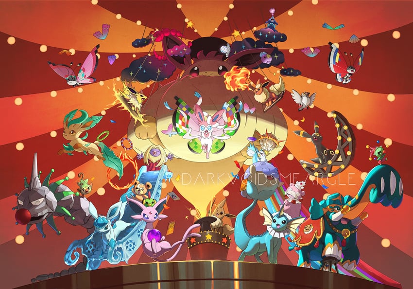 eevee, umbreon, glaceon, vaporeon, espeon, and 19 more (pokemon) drawn by darkvoiddoble